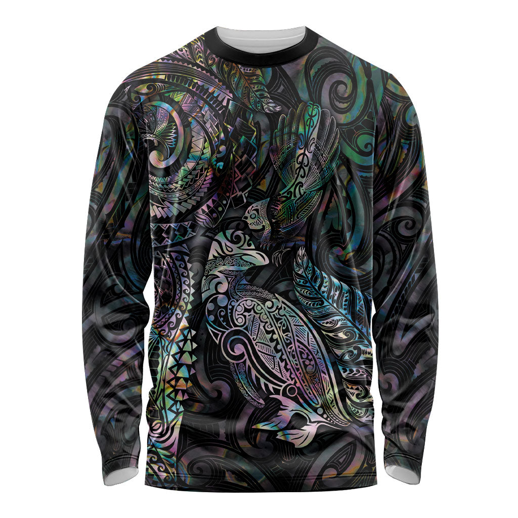 Aotearoa Moko Tribal Tattoo Long Sleeve Shirt New Zealand Maori Penguin and Fantail Paua Shell Style