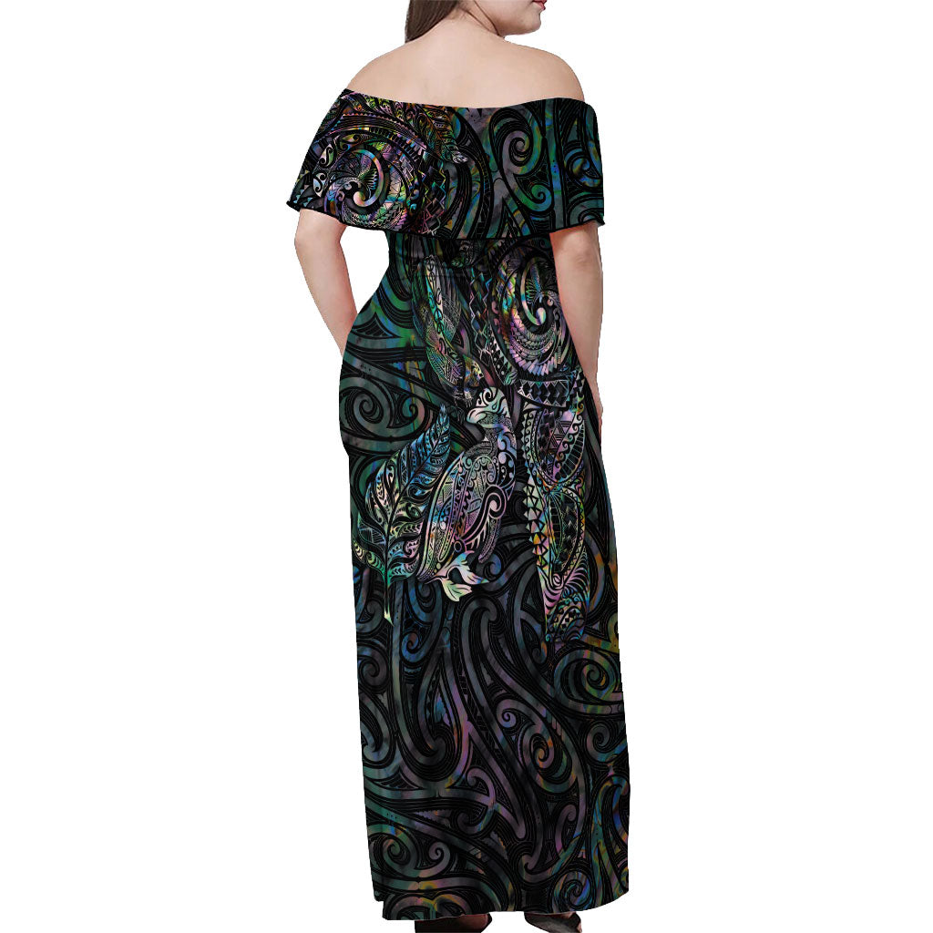 Aotearoa Moko Tribal Tattoo Off Shoulder Maxi Dress New Zealand Maori Penguin and Fantail Paua Shell Style