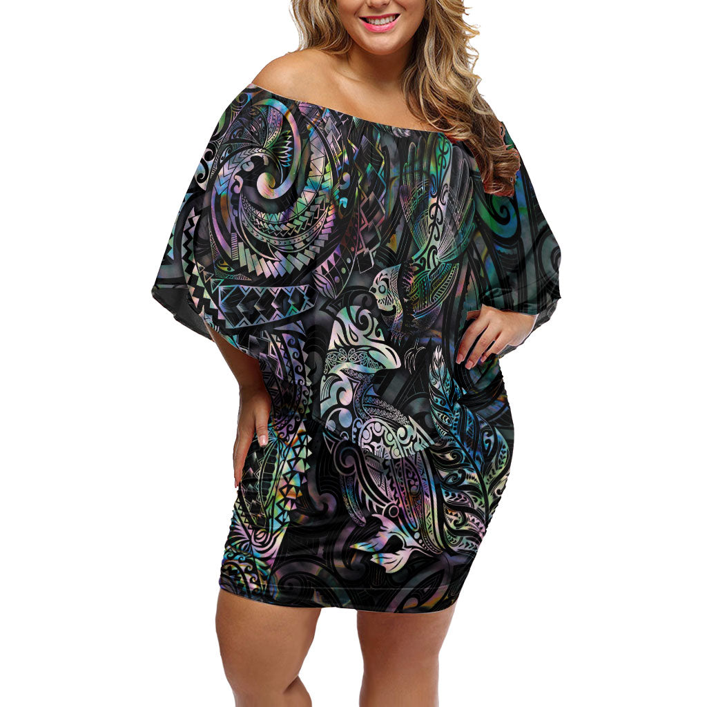 Aotearoa Moko Tribal Tattoo Off Shoulder Short Dress New Zealand Maori Penguin and Fantail Paua Shell Style