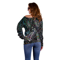 Aotearoa Moko Tribal Tattoo Off Shoulder Sweater New Zealand Maori Penguin and Fantail Paua Shell Style