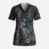 Aotearoa Moko Tribal Tattoo Scrub Top New Zealand Maori Penguin and Fantail Paua Shell Style LT03 Adult Multicolor - Polynesian Pride