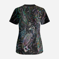 Aotearoa Moko Tribal Tattoo Scrub Top New Zealand Maori Penguin and Fantail Paua Shell Style LT03 - Polynesian Pride
