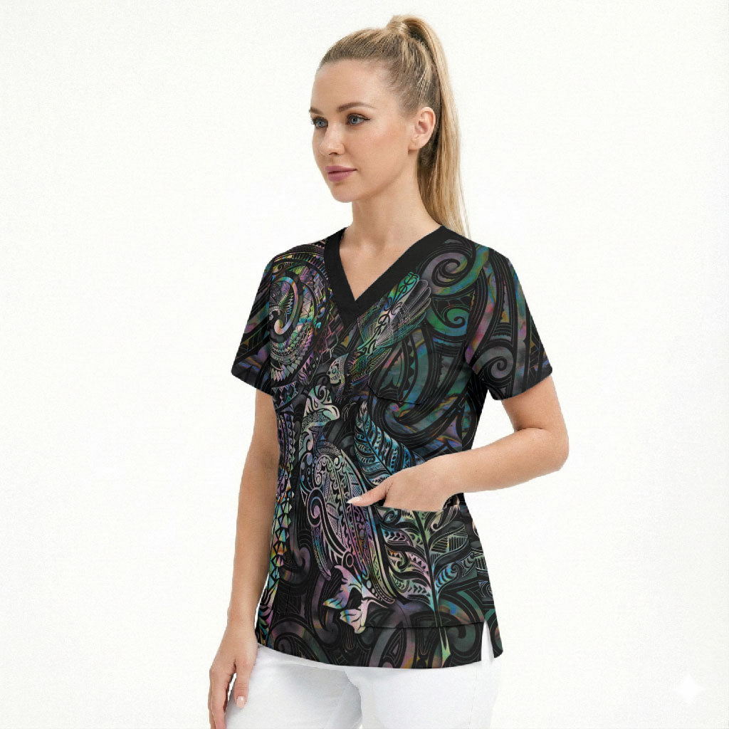 Aotearoa Moko Tribal Tattoo Scrub Top New Zealand Maori Penguin and Fantail Paua Shell Style LT03 - Polynesian Pride