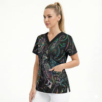 Aotearoa Moko Tribal Tattoo Scrub Top New Zealand Maori Penguin and Fantail Paua Shell Style LT03 - Polynesian Pride