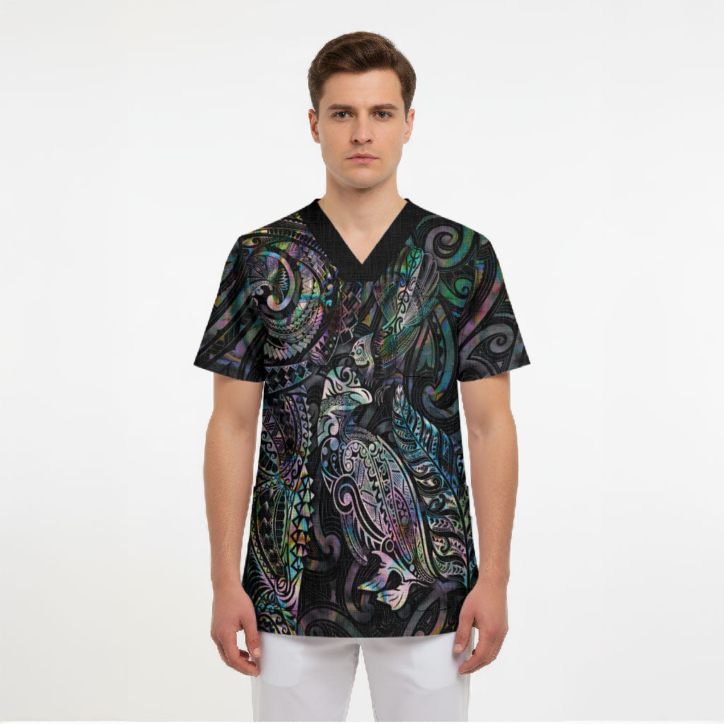 Aotearoa Moko Tribal Tattoo Scrub Top New Zealand Maori Penguin and Fantail Paua Shell Style LT03 - Polynesian Pride