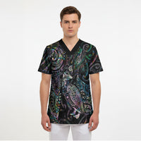 Aotearoa Moko Tribal Tattoo Scrub Top New Zealand Maori Penguin and Fantail Paua Shell Style LT03 - Polynesian Pride