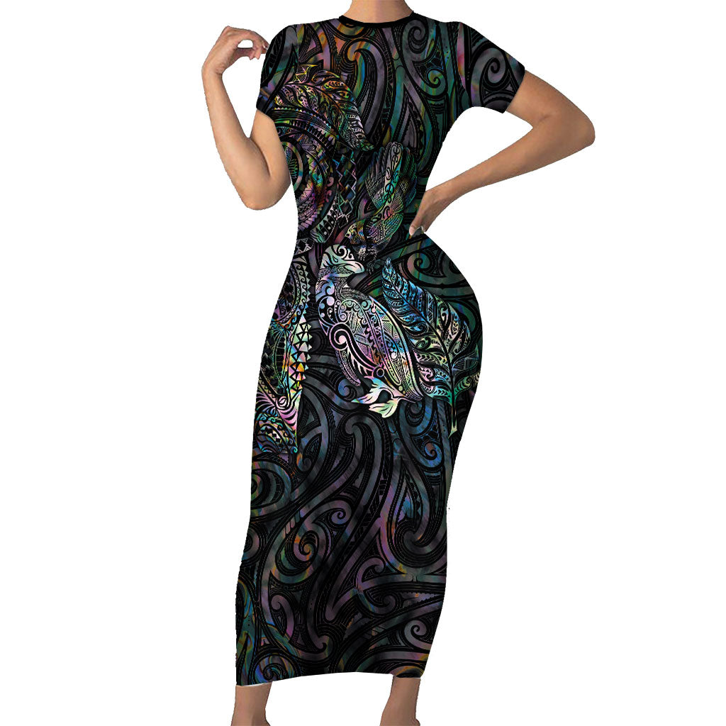Aotearoa Moko Tribal Tattoo Short Sleeve Bodycon Dress New Zealand Maori Penguin and Fantail Paua Shell Style