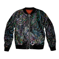 Aotearoa Moko Tribal Tattoo Sleeve Zip Bomber Jacket New Zealand Maori Penguin and Fantail Paua Shell Style