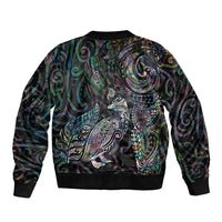 Aotearoa Moko Tribal Tattoo Sleeve Zip Bomber Jacket New Zealand Maori Penguin and Fantail Paua Shell Style