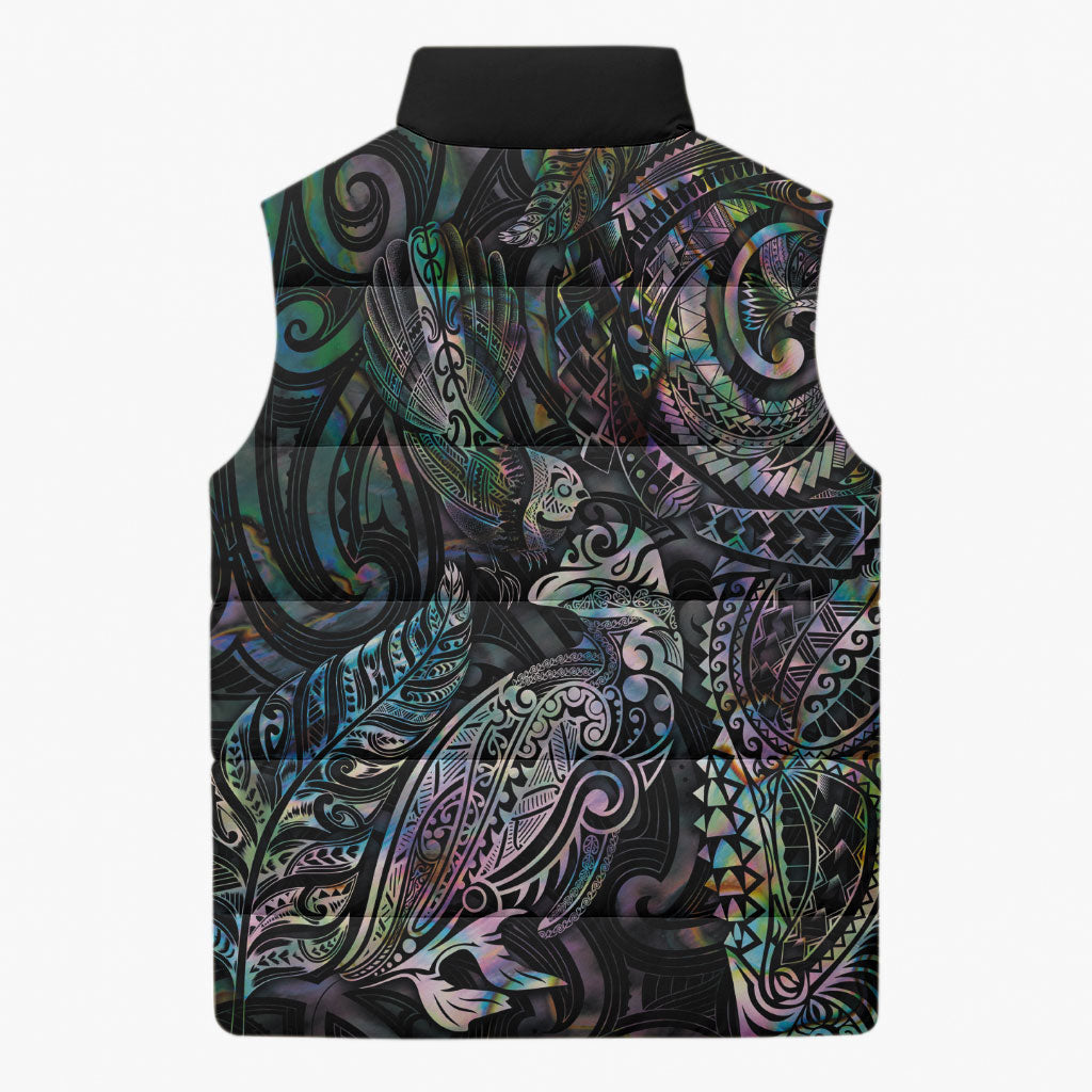Aotearoa Moko Tribal Tattoo Sleeveless Puffer Jacket New Zealand Maori Penguin and Fantail Paua Shell Style