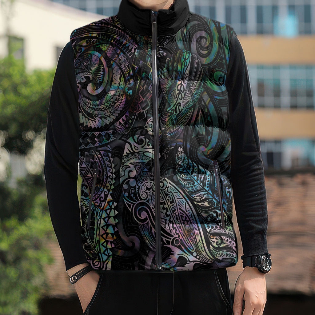 Aotearoa Moko Tribal Tattoo Sleeveless Puffer Jacket New Zealand Maori Penguin and Fantail Paua Shell Style
