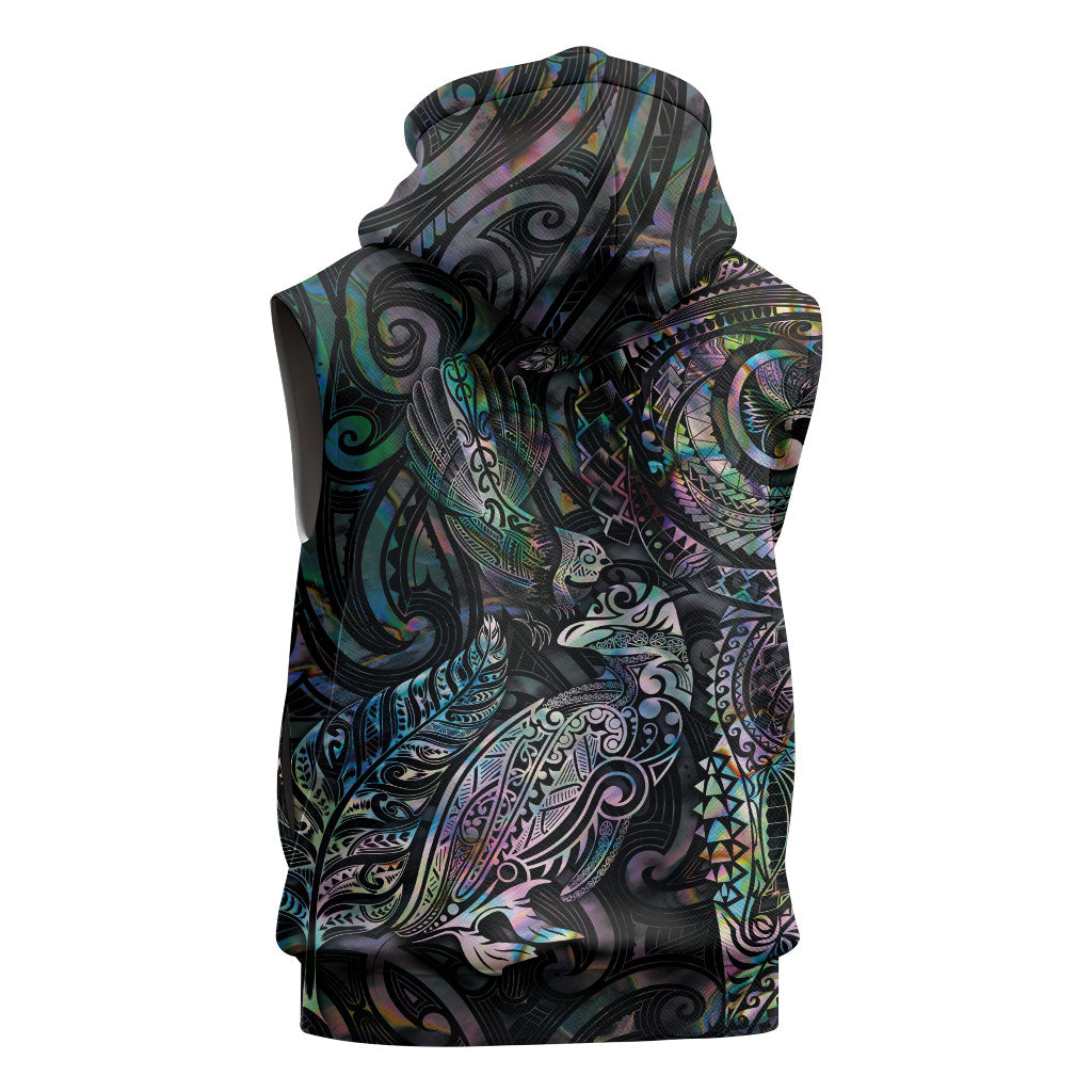 Aotearoa Moko Tribal Tattoo Sleeveless Zip Hoodie New Zealand Maori Penguin and Fantail Paua Shell Style