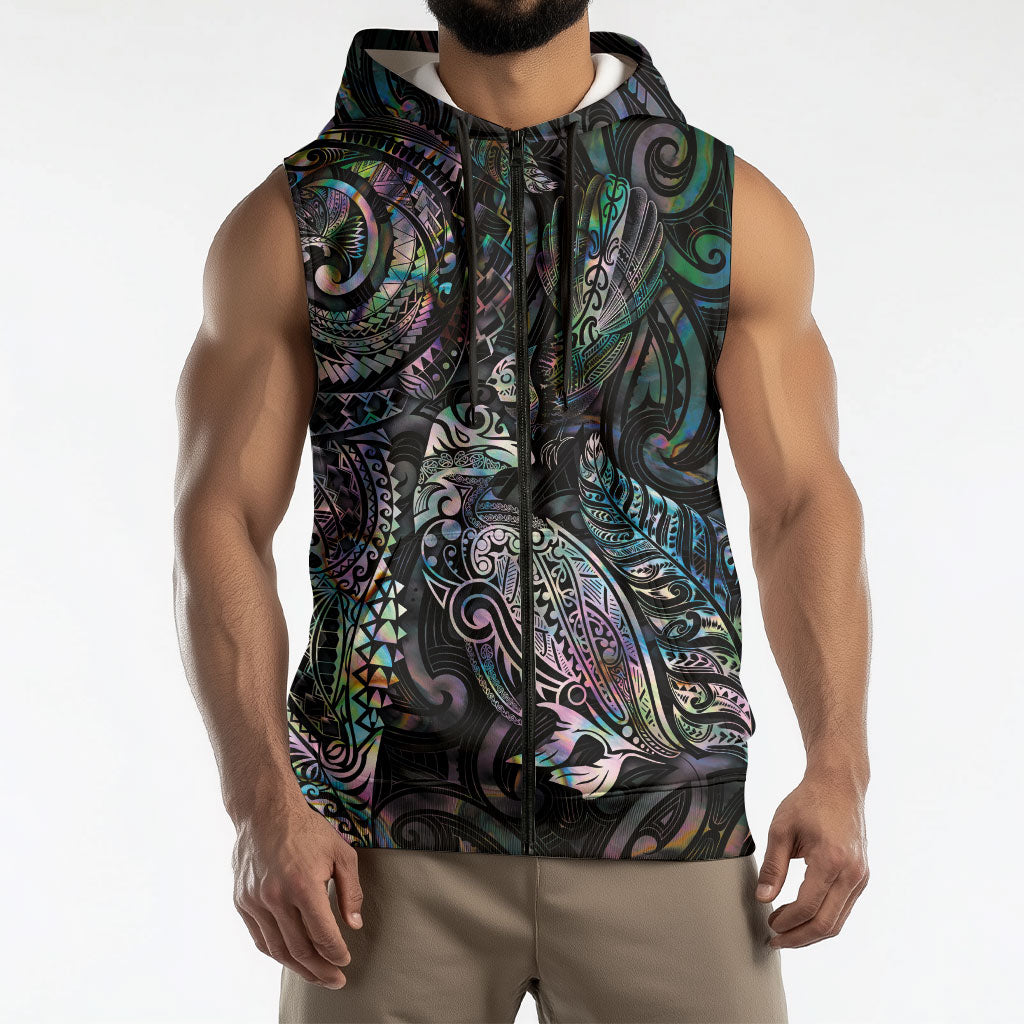 Aotearoa Moko Tribal Tattoo Sleeveless Zip Hoodie New Zealand Maori Penguin and Fantail Paua Shell Style