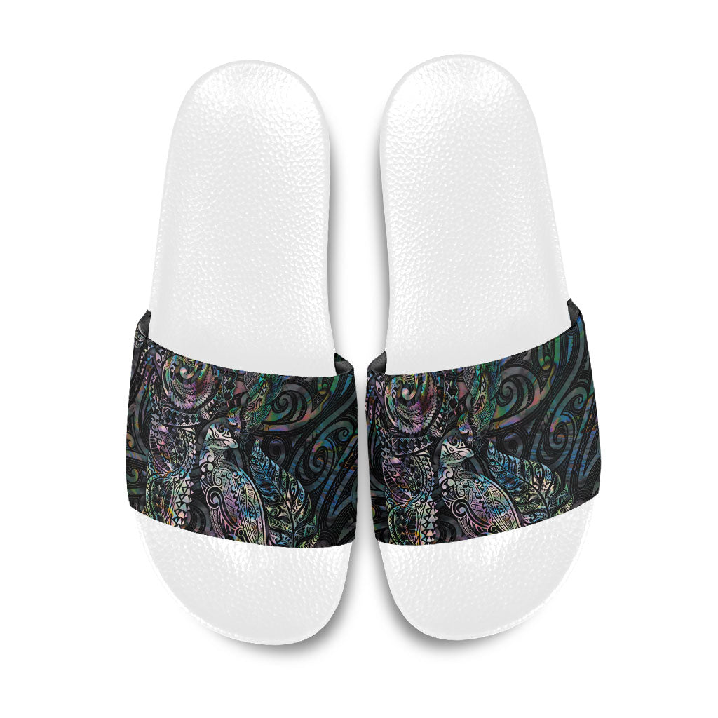 Aotearoa Moko Tribal Tattoo Slide Sandals New Zealand Maori Penguin and Fantail Paua Shell Style