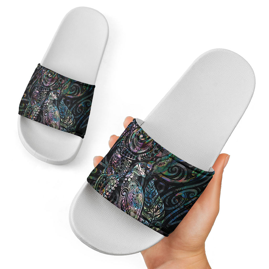 Aotearoa Moko Tribal Tattoo Slide Sandals New Zealand Maori Penguin and Fantail Paua Shell Style