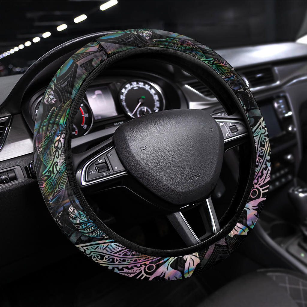 Aotearoa Moko Tribal Tattoo Steering Wheel Cover New Zealand Maori Penguin and Fantail Paua Shell Style
