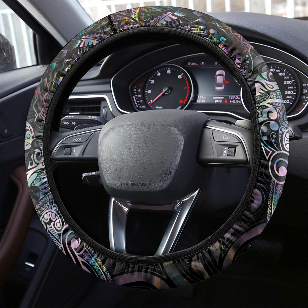 Aotearoa Moko Tribal Tattoo Steering Wheel Cover New Zealand Maori Penguin and Fantail Paua Shell Style