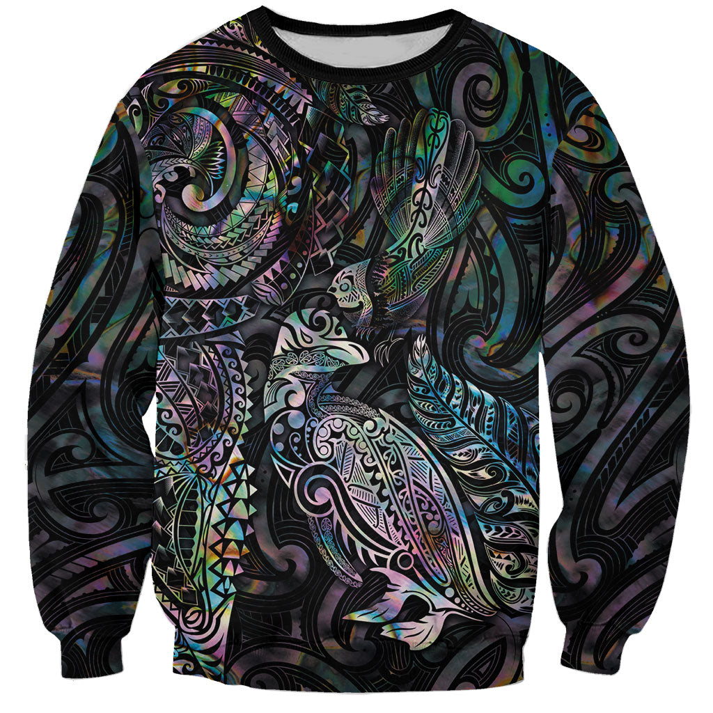 Aotearoa Moko Tribal Tattoo Sweatshirt New Zealand Maori Penguin and Fantail Paua Shell Style