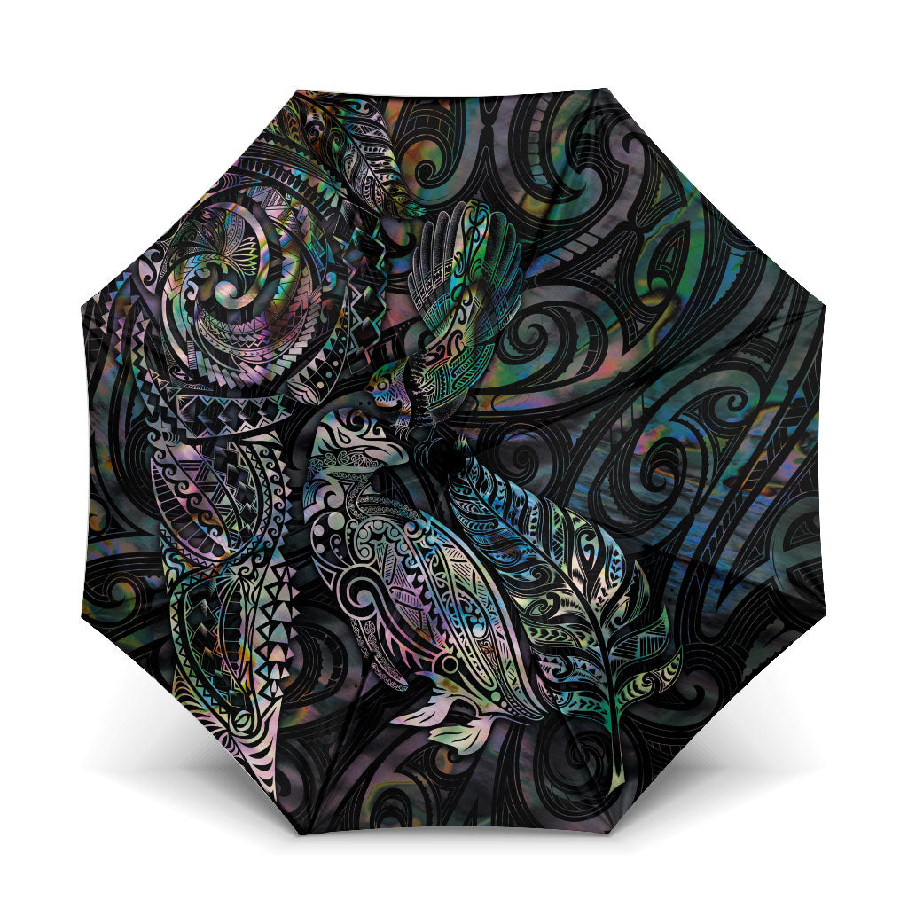 Aotearoa Moko Tribal Tattoo Umbrella New Zealand Maori Penguin and Fantail Paua Shell Style LT03 One Size Folded 11.42 inch Opened Diameter 37.4 inch Multicolor - Polynesian Pride