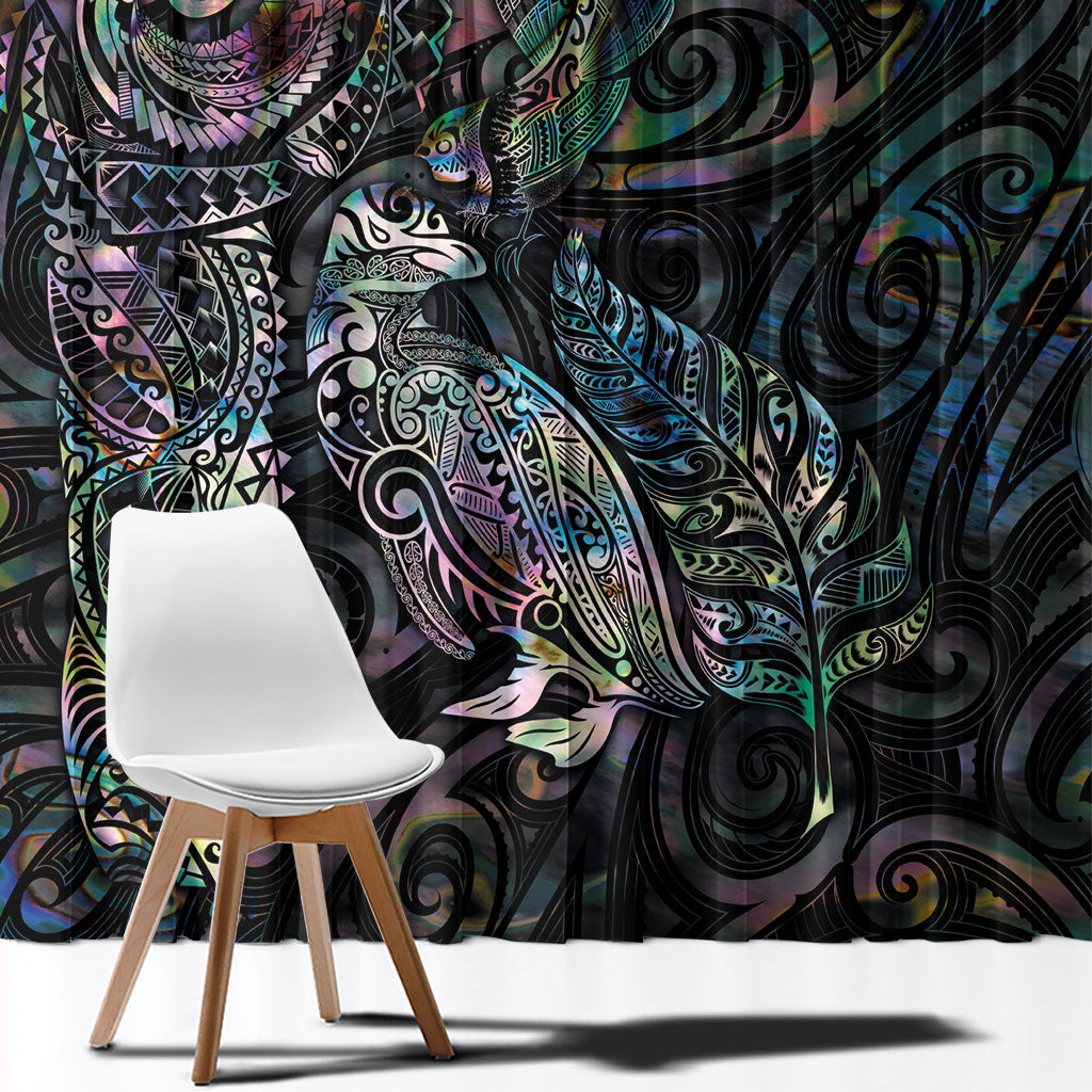 Aotearoa Moko Tribal Tattoo Window Curtain New Zealand Maori Penguin and Fantail Paua Shell Style