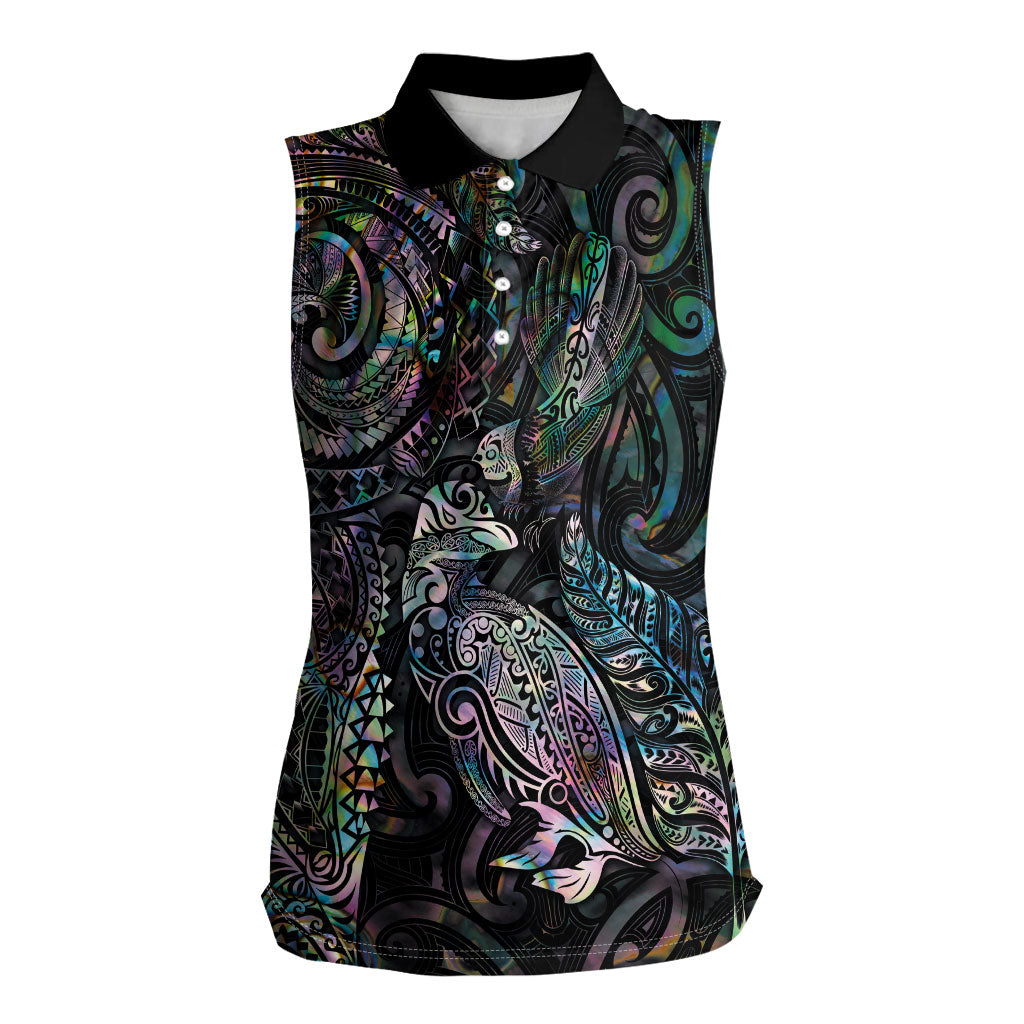 Aotearoa Moko Tribal Tattoo Women Sleeveless Polo Shirt New Zealand Maori Penguin and Fantail Paua Shell Style