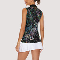 Aotearoa Moko Tribal Tattoo Women Sleeveless Polo Shirt New Zealand Maori Penguin and Fantail Paua Shell Style