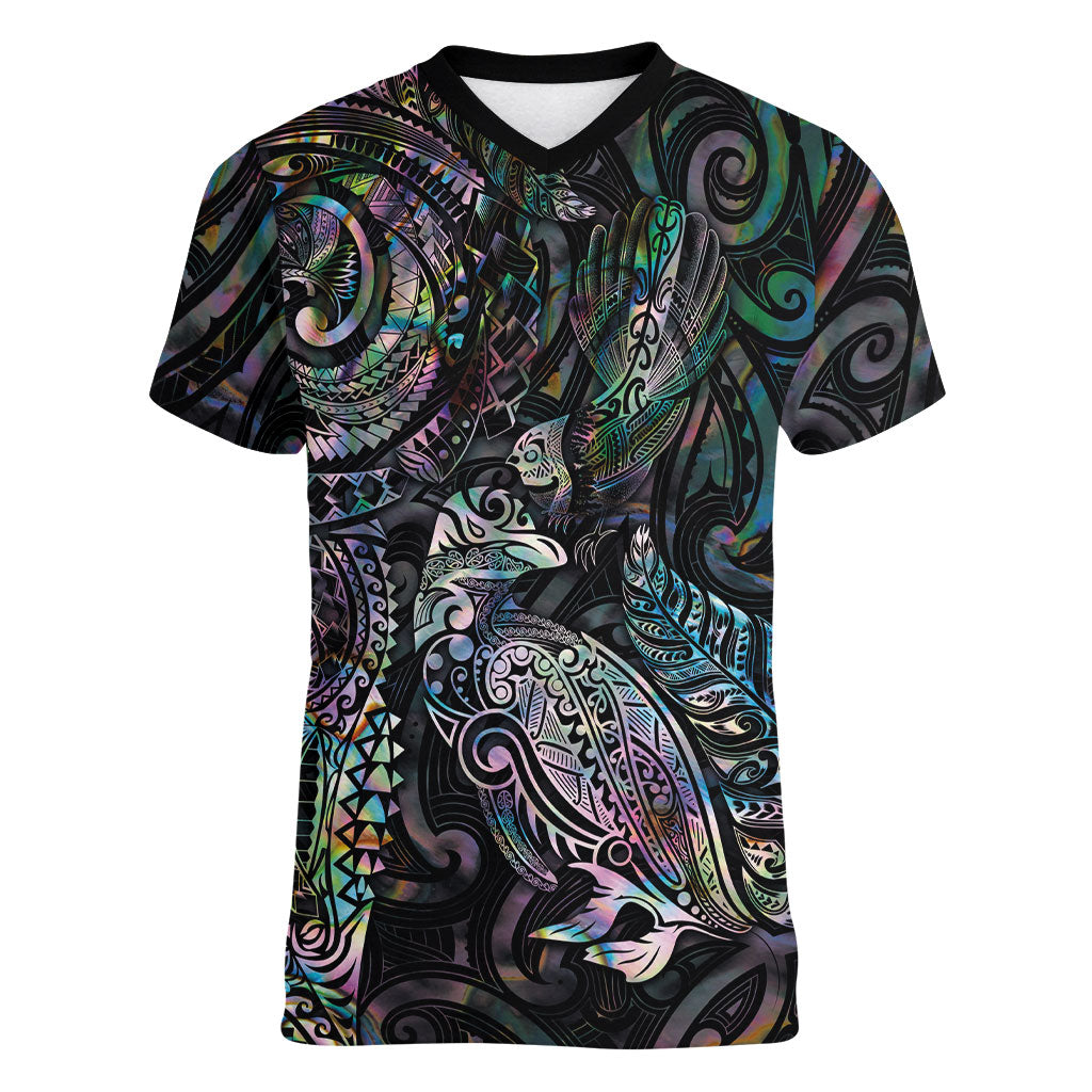 Aotearoa Moko Tribal Tattoo Women V-Neck T-Shirt New Zealand Maori Penguin and Fantail Paua Shell Style