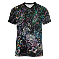 Aotearoa Moko Tribal Tattoo Women V-Neck T-Shirt New Zealand Maori Penguin and Fantail Paua Shell Style