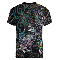 Aotearoa Moko Tribal Tattoo Women V-Neck T-Shirt New Zealand Maori Penguin and Fantail Paua Shell Style
