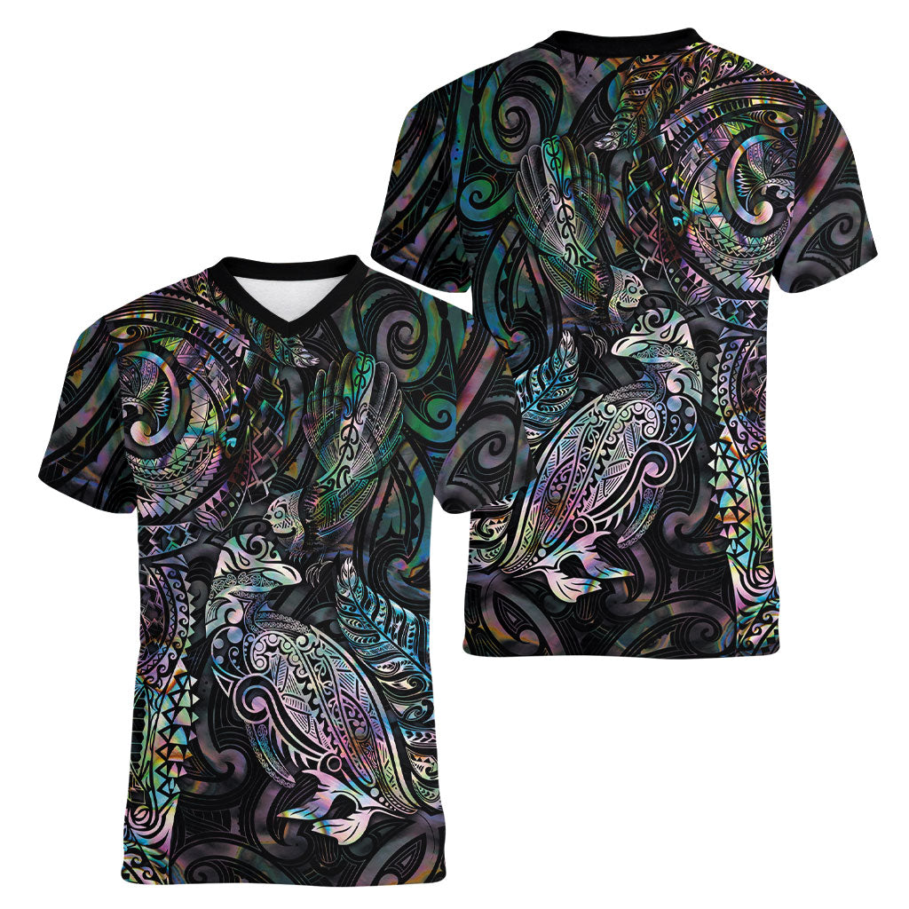 Aotearoa Moko Tribal Tattoo Women V-Neck T-Shirt New Zealand Maori Penguin and Fantail Paua Shell Style