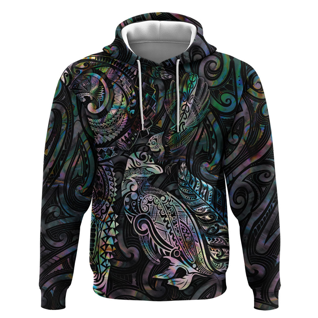 Aotearoa Moko Tribal Tattoo Zip Hoodie New Zealand Maori Penguin and Fantail Paua Shell Style