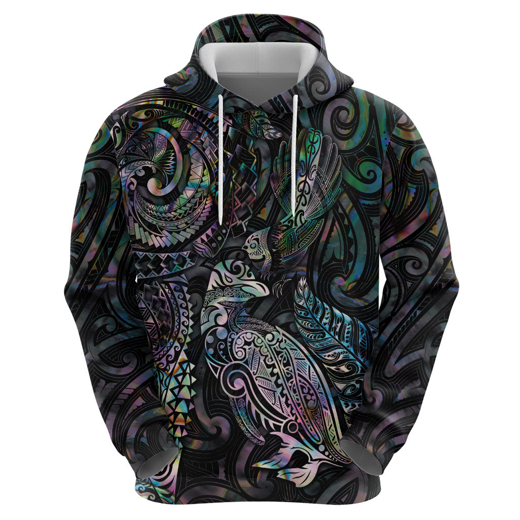 Aotearoa Moko Tribal Tattoo Zip Hoodie New Zealand Maori Penguin and Fantail Paua Shell Style