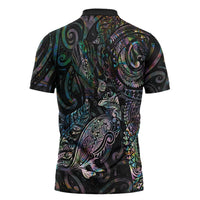 Aotearoa Moko Tribal Tattoo Zipper Polo Shirt New Zealand Maori Penguin and Fantail Paua Shell Style
