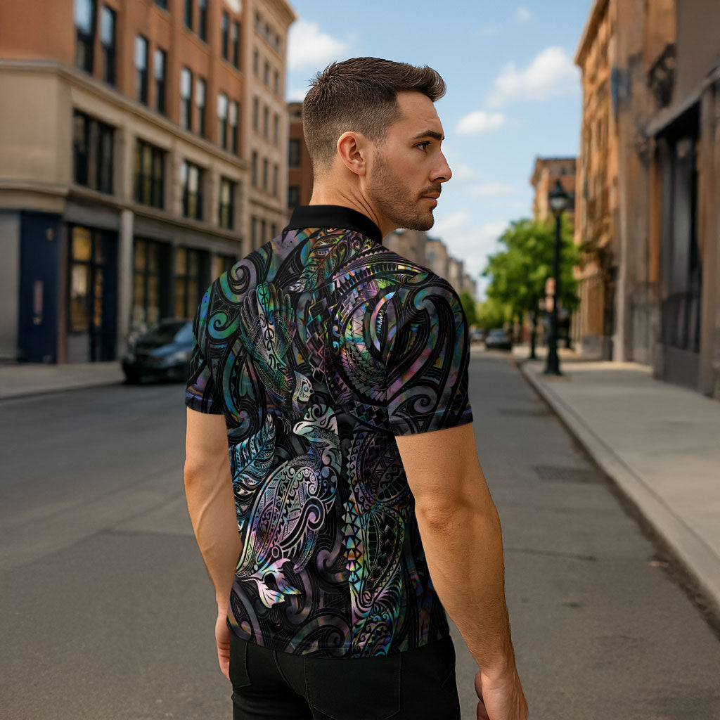 Aotearoa Moko Tribal Tattoo Zipper Polo Shirt New Zealand Maori Penguin and Fantail Paua Shell Style
