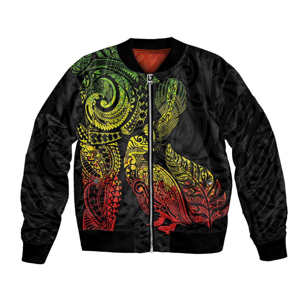 Aotearoa Moko Tribal Tattoo Bomber Jacket New Zealand Maori Penguin and Fantail Reggae Style