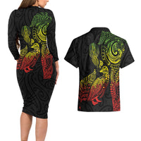 Aotearoa Moko Tribal Tattoo Couples Matching Long Sleeve Bodycon Dress and Hawaiian Shirt New Zealand Maori Penguin and Fantail Reggae Style