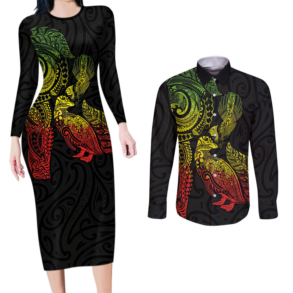 Aotearoa Moko Tribal Tattoo Couples Matching Long Sleeve Bodycon Dress and Long Sleeve Button Shirt New Zealand Maori Penguin and Fantail Reggae Style