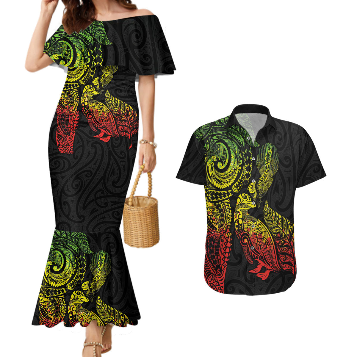 Aotearoa Moko Tribal Tattoo Couples Matching Mermaid Dress and Hawaiian Shirt New Zealand Maori Penguin and Fantail Reggae Style