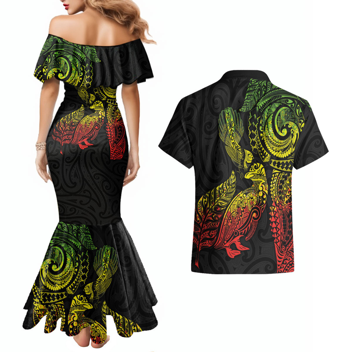 Aotearoa Moko Tribal Tattoo Couples Matching Mermaid Dress and Hawaiian Shirt New Zealand Maori Penguin and Fantail Reggae Style