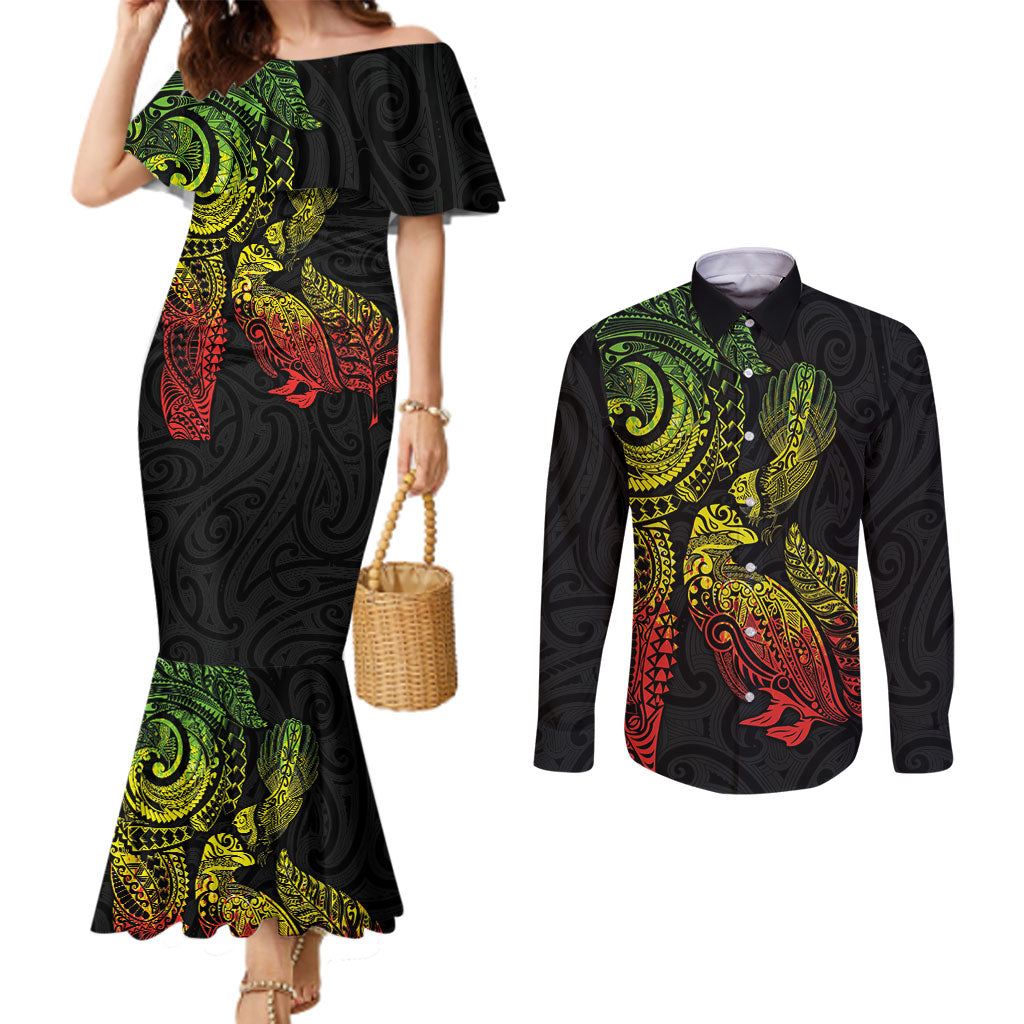 Aotearoa Moko Tribal Tattoo Couples Matching Mermaid Dress and Long Sleeve Button Shirt New Zealand Maori Penguin and Fantail Reggae Style LT03 Multicolor - Polynesian Pride