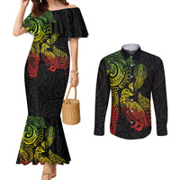 Aotearoa Moko Tribal Tattoo Couples Matching Mermaid Dress and Long Sleeve Button Shirt New Zealand Maori Penguin and Fantail Reggae Style LT03 Multicolor - Polynesian Pride