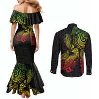 Aotearoa Moko Tribal Tattoo Couples Matching Mermaid Dress and Long Sleeve Button Shirt New Zealand Maori Penguin and Fantail Reggae Style LT03 - Polynesian Pride