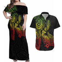 Aotearoa Moko Tribal Tattoo Couples Matching Off Shoulder Maxi Dress and Hawaiian Shirt New Zealand Maori Penguin and Fantail Reggae Style