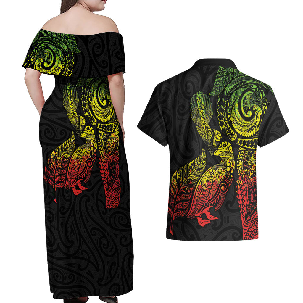 Aotearoa Moko Tribal Tattoo Couples Matching Off Shoulder Maxi Dress and Hawaiian Shirt New Zealand Maori Penguin and Fantail Reggae Style