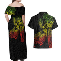 Aotearoa Moko Tribal Tattoo Couples Matching Off Shoulder Maxi Dress and Hawaiian Shirt New Zealand Maori Penguin and Fantail Reggae Style