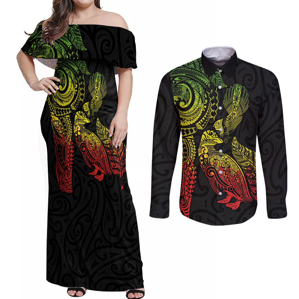 Aotearoa Moko Tribal Tattoo Couples Matching Off Shoulder Maxi Dress and Long Sleeve Button Shirt New Zealand Maori Penguin and Fantail Reggae Style