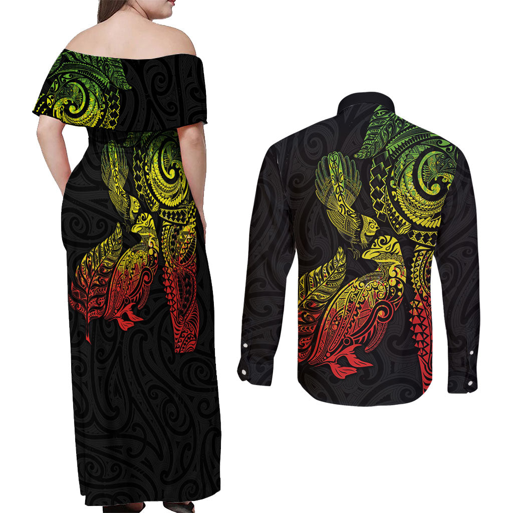 Aotearoa Moko Tribal Tattoo Couples Matching Off Shoulder Maxi Dress and Long Sleeve Button Shirt New Zealand Maori Penguin and Fantail Reggae Style