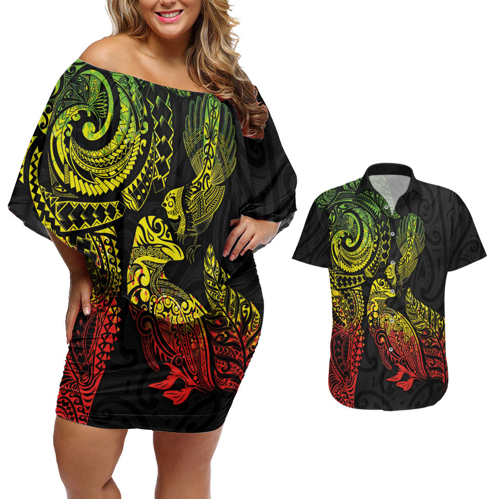 Aotearoa Moko Tribal Tattoo Couples Matching Off Shoulder Short Dress and Hawaiian Shirt New Zealand Maori Penguin and Fantail Reggae Style