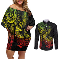 Aotearoa Moko Tribal Tattoo Couples Matching Off Shoulder Short Dress and Long Sleeve Button Shirt New Zealand Maori Penguin and Fantail Reggae Style