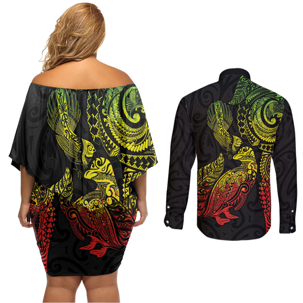 Aotearoa Moko Tribal Tattoo Couples Matching Off Shoulder Short Dress and Long Sleeve Button Shirt New Zealand Maori Penguin and Fantail Reggae Style